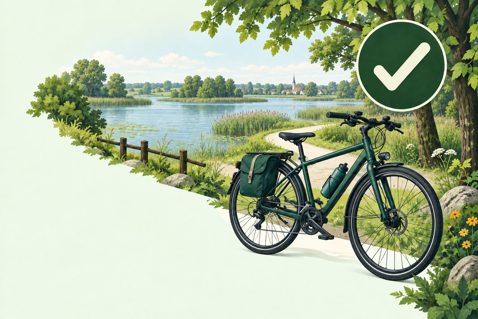 Fahrrad am See mit grünem Prüfzeichen