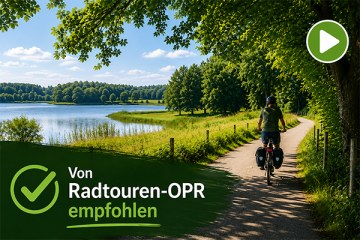 Videokachel für von Radtouren-OPR empfohlene Radtouren mit Radfahrer am See und Abspiel-Symbol