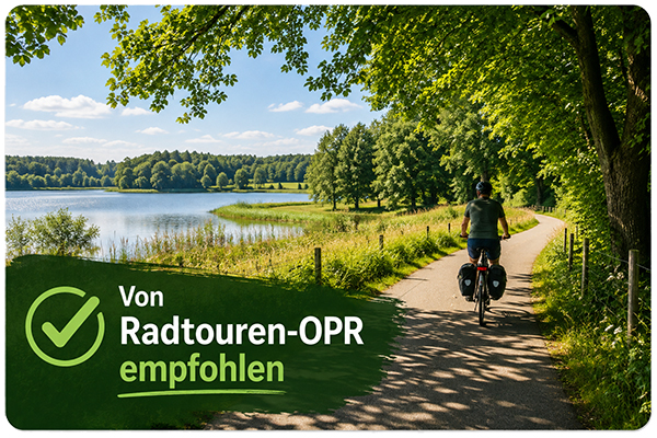 Radfahrer auf einem Radweg am See mit Hinweis „Von Radtouren-OPR empfohlen“
