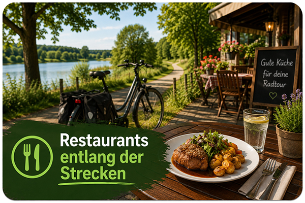 Restaurant-Einkehr mit warmer Mahlzeit und Fahrrad an einer Radstrecke