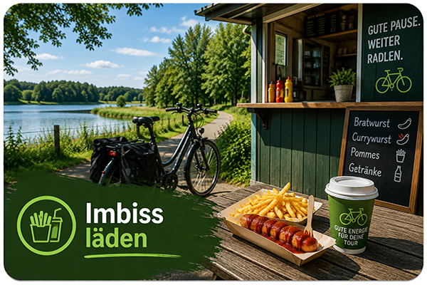 Imbiss am Radweg mit Fahrrad, Snacks und Getränken für eine kurze Pause